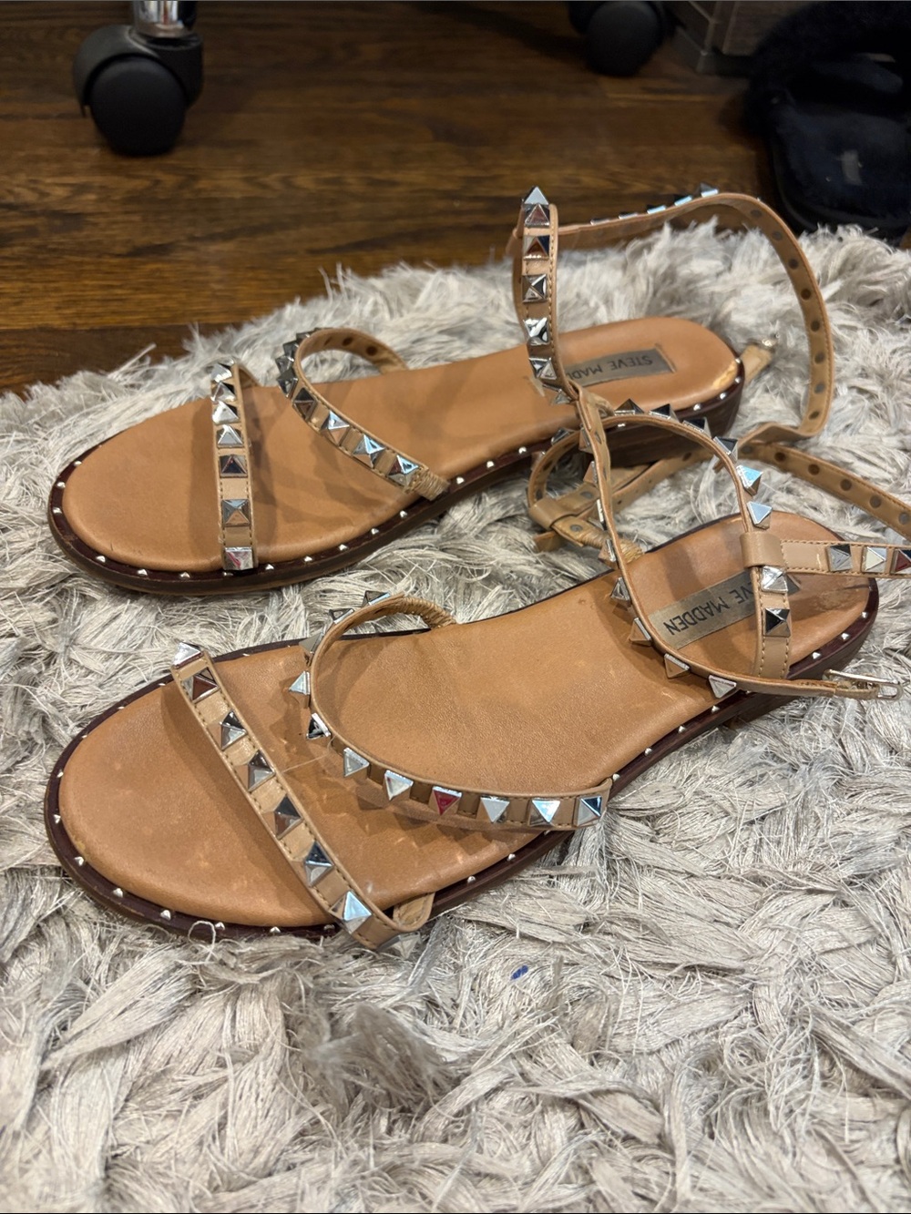 Steve Madden Tan Pyramid-Stud Ankle-Strap Sandals